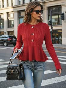 HOMEYEE Women's Bright Red Round Neck Cable Knit Sweater With Metal Bow Button Front, Cinched Waist, Ruffle Hem, Slim Fit Long Sleeve Pullover Top - Red - View 2