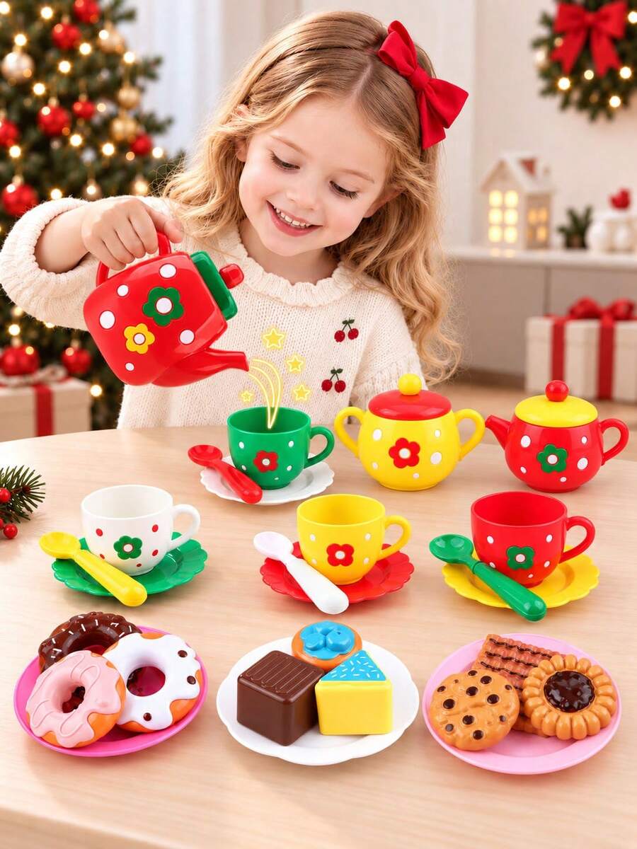 Set Pesta Teh Sore Natal, 24 Buah Set Mainan Teh untuk Bermain Peran Anak Perempuan, Kue Donat, Set Mainan Dapur Anak, Mainan Kostum Pesta