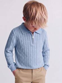 Boys' Blue Turn-Down Collar Half-Zip Long Sleeve Knitted Sweater With 3D Cable Knit Pattern, Minimalist Preppy Casual Versatile Pullover, Suitable For School Daily Wear In Spring, Autumn And Winter - Blue - View 1