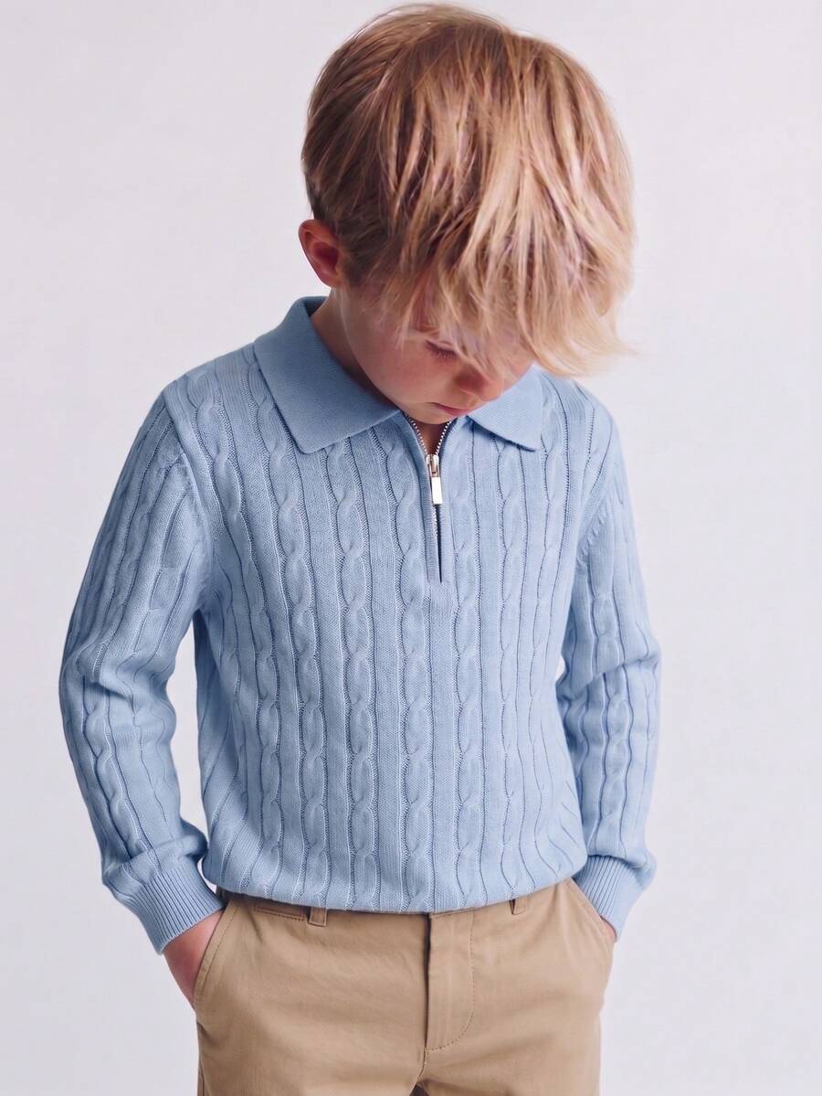 Boys' Blue Turn-Down Collar Half-Zip Long Sleeve Knitted Sweater With 3D Cable Knit Pattern, Minimalist Preppy Casual Versatile Pullover, Suitable For School Daily Wear In Spring, Autumn And Winter - Blue - View 1