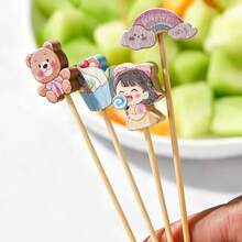 100pcs/Pack Cartoon Cute Fruit Picks, Disposable Bamboo Skewers For Party Desserts, Creative Cake Cocktail Platter Decoration Sticks - Multicolor - View 2
