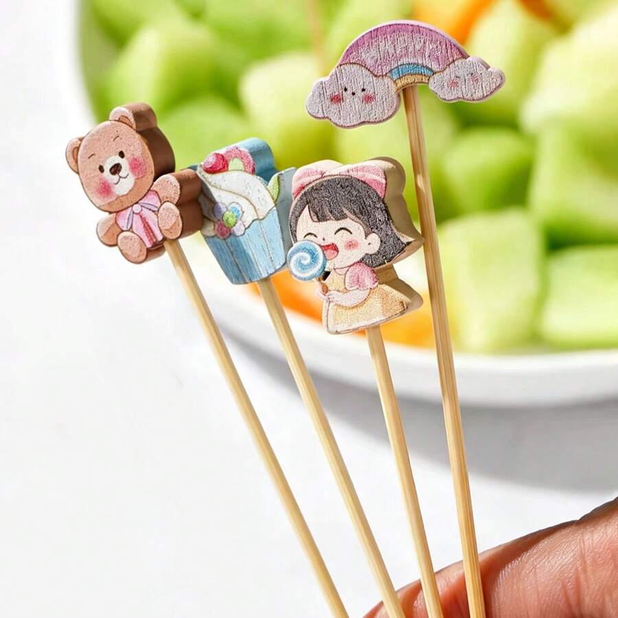 100pcs/Pack Cartoon Cute Fruit Picks, Disposable Bamboo Skewers For Party Desserts, Creative Cake Cocktail Platter Decoration Sticks