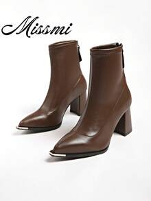 Pointed Toe Belt Buckle Fashion Ankle Boots Women 2024 Spring Autumn New Thick Heel Elegant High-End Style 41-43 Plus Size 40 High Heel Shoes - Brown - View 1