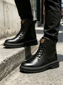 Men High-Top Leather Riding Boots - Black - View 1