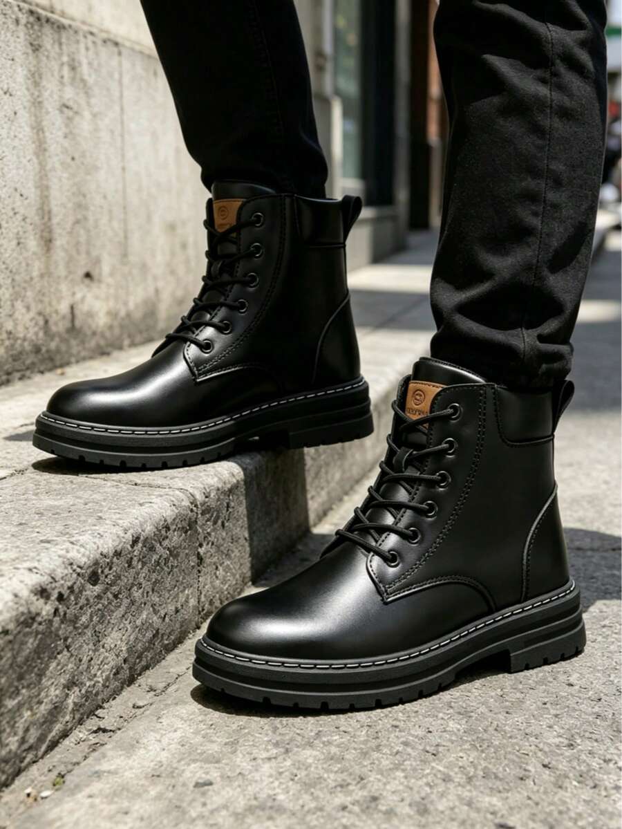 Men High-Top Leather Riding Boots - Black - View 1