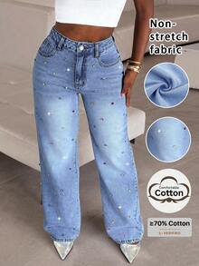 2025 Autumn/Winter New Fashion Rhinestone Decor Wide Leg Jeans - Elegant Party & Daily Straight Leg Women Denim Pants Casual Vacation Spring Fall - Light Wash - View 2