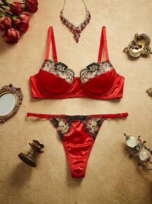 PinupPomp 5pcs Women's Sexy Embroidered Metal Chain Lingerie Set Floral Embroidery Including Sexy Bra, Thong, Garter Belt, Leg Chain - Red - View 15