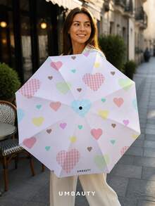 UMBAUTY Umbrella, Multicolor Heart Pattern, Portable Travel, Sun Protection & Rainproof, 8-Rib Reinforced Frame, One-Click Open/Close, Black Coating SPF 30+ UV Protection, Heat-Reducing Waterproof Fabric, Dual-Use Automatic Umbrella For Sunny And Rainy Days - Multicolor - View 7