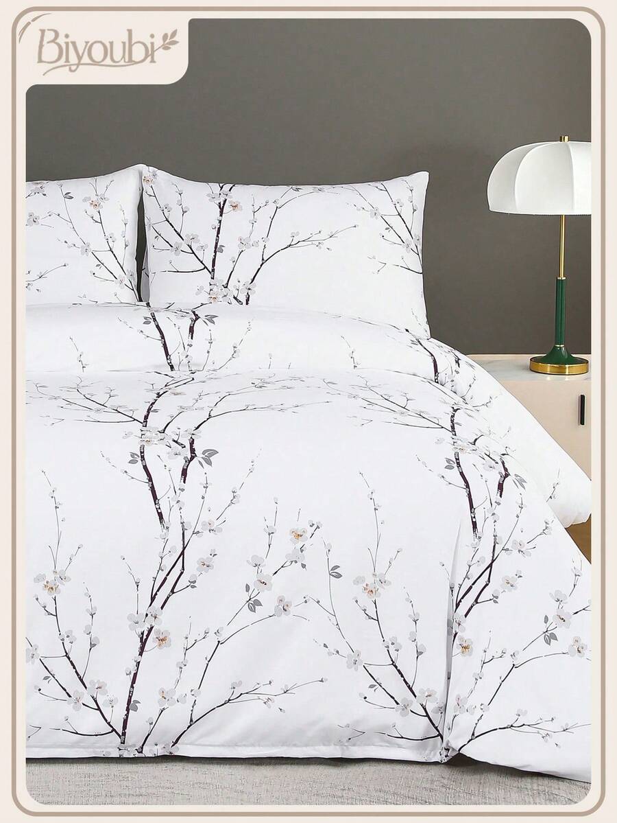 3pcs Bedding Set, Super Soft Fiber Fabric, Geometric Pattern & Floral Design, 1 Duvet Cover + 2 Pillowcases - White - View 1