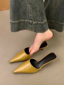French Style Satin High Heel Pink Closed Toe Half-Slipper Fairy Shoes 2026 Spring/Summer Pointed Toe Rhinestone Shoes - Mustard Yellow - View 3