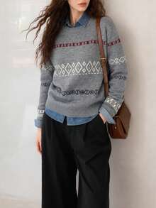 Women's New Autumn/Winter Casual Retro Pattern Crew Neck Pullover Knit Sweater - Grey - View 3