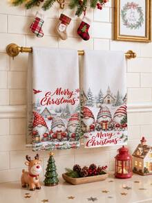 2pcs Christmas Village Snow Scene Gnome Pattern Kitchen Towels, Soft Polyester Dish Cloths, Suitable For Kitchen Decor, Kitchen Cleaning, Holiday Party Decoration, Kitchen & Bathroom Supplies, Home Essentials, Home Decor, Housewarming Gift - Multicolor - View 1