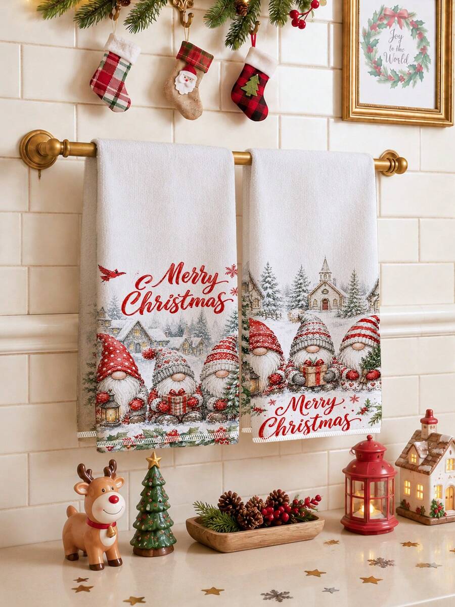 2pcs Christmas Village Snow Scene Gnome Pattern Kitchen Towels, Soft Polyester Dish Cloths, Suitable For Kitchen Decor, Kitchen Cleaning, Holiday Party Decoration, Kitchen & Bathroom Supplies, Home Essentials, Home Decor, Housewarming Gift - Multicolor - View 1