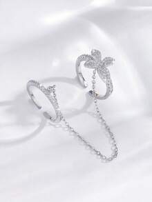 1pc Elegant Long Chain Linked Full Zirconia Finger Ring For Women, Suitable For Banquet, Party, Holiday Gift - Four-leaf Clover + Ring Connector Ring - View 6