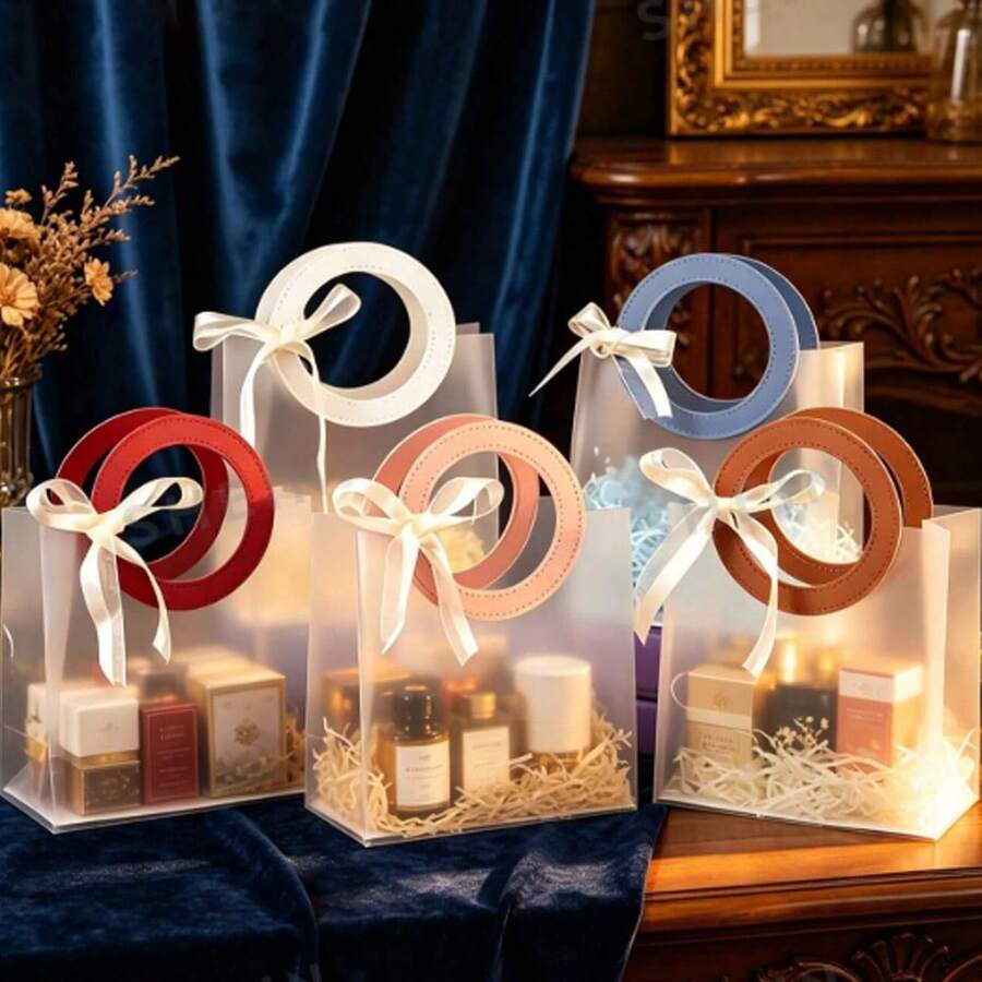 Translucent Frosted Gift Bag With Round Hollow Leather Handle, PVC Gift Bag, Minimalist Ins Style Souvenir Packaging Bag, Small Gift Storage Bag, Suitable For Birthday, Baby Shower, Wedding, Jewelry Display And Party Gift Packaging Elegant Gift Box - Multicolor - View 1