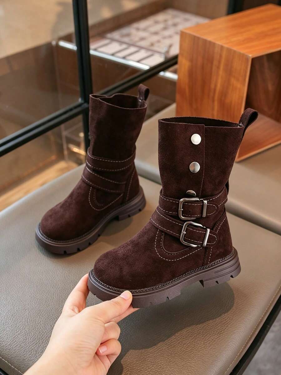 Dark Brown Mid-Calf Boots, Faux Suede, Double Buckle Strap, Metal Rivet Decor, Pull Tab, Thick Lug Sole, Side Zipper, Casual Winter Motorcycle Boots, Everyday Style - Brown - View 1