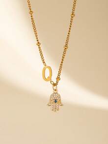 1 Piece Hamsa Hand Pendant Necklace For Women With 26 Letters Charm, Zirconia Eye Design Chain Necklace, Fashion Jewelry, Suitable For Daily Wear - Multicolor - View 11