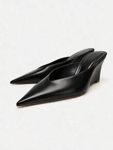 Vintage Premium Wedge Heel Pointed Toe Leather Shoes New Versatile Comfortable Commute Evening Style Loafers For Women - Black - View 7