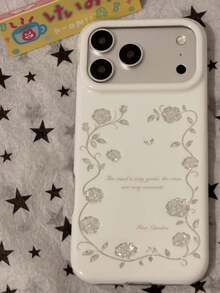 Silver Diamond Pattern Rose Flower Phone Case Compatible With Apple 17 Pro Max, New 16 Pro, 16, 17 Pro, 15 Pro, Girly Style, Artistic, Korean Fashion, Full Coverage Anti-Drop Protective Cover - White - View 3