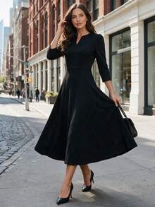 Women Elegant Notch V Neck Dress Flared Hem Three Quarter Sleeve Clothes For Fall Winter Daily Commuting Dating Outfits - Black - View 4