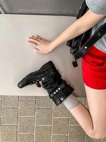 Sweet Cool Korean Niche Design 2026 Vintage Spring/Autumn New 2-In-1 Detachable Slouchy Ankle Boots, Leg-Lengthening Breathable Versatile Ruched Pants Leg Rivet Square Toe Lace-Up Black, Daily Commute Streetwear For Women - Black - View 10