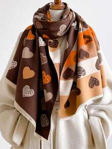 1pc Mixed‑Pattern Heart Jacquard Thick Scarf 65*180cm, Polyester Faux Cashmere Fall Winter Shawl For Travel Party Outing Wear As Scarf Shawl Head Wrap - Multicolor - View 10