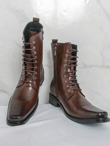 Men's Brown Lace-Up Boots, Square Toe, Distressed Leather, Side Zipper, Thick Heel, Structured Silhouette, Clean Lines, Formal Suit Wedding Banquet Boots - Brown - View 6