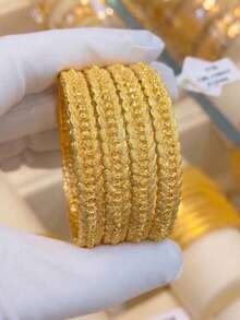 4Pcs 24K Gold Plated Open Bangle Set, Rust-Resistant Gold Alternative Frosted Sandblasted Scalloped Lace Edge Adjustable Metal Solid Bracelet - 01 - View 2