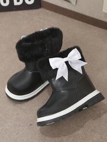 1 Pair Baby Girl Bow Decor Fuzzy Fleece Lined Warm Comfortable Flat Short Boots Snow Boots For Autumn Winter - Black - View 4