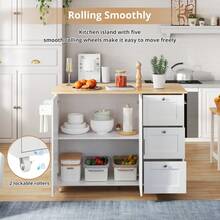 Kitchen Island On Wheels, Rolling Storage Trolley With Foldable Tabletop, 3 Drawers, 2 Doors, Lockable Swivel Wheels, Towel Rack – Versatile For Dining Room & Living Room,135*44(70)*90cm - View 2