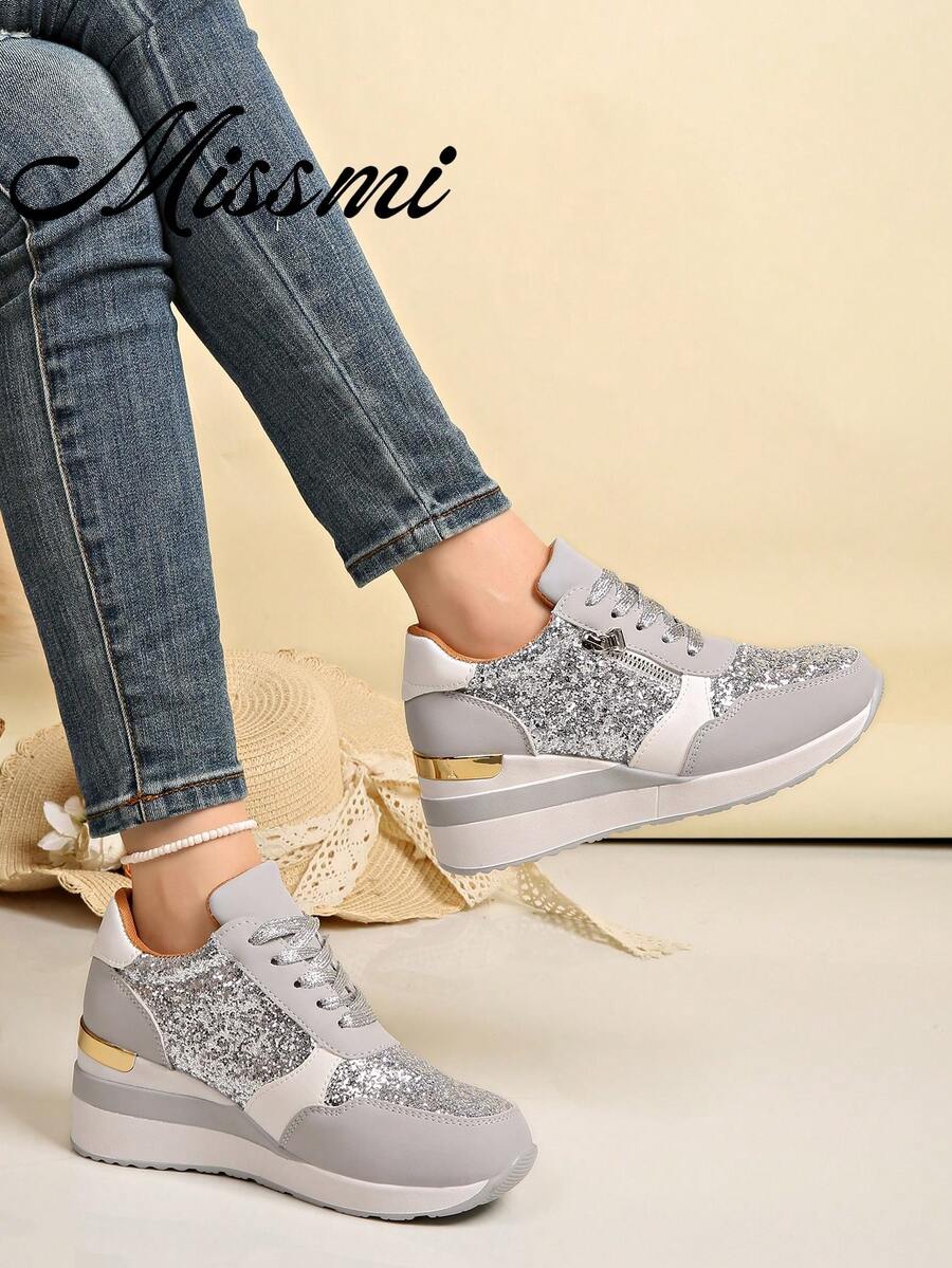 Women's INS Trending Running Shoes, New Export Style Breathable Wedge Heel Casual Sports Shoes, Plus Size - Grey - View 1
