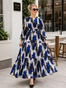 Plus Size Navy Blue Abstract Print Tie-Waist Maxi Dress With Long Sleeve - Navy Blue - View 5