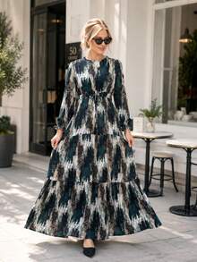Plus Size Navy Blue Abstract Print Tie-Waist Maxi Dress With Long Sleeve - Green - View 5
