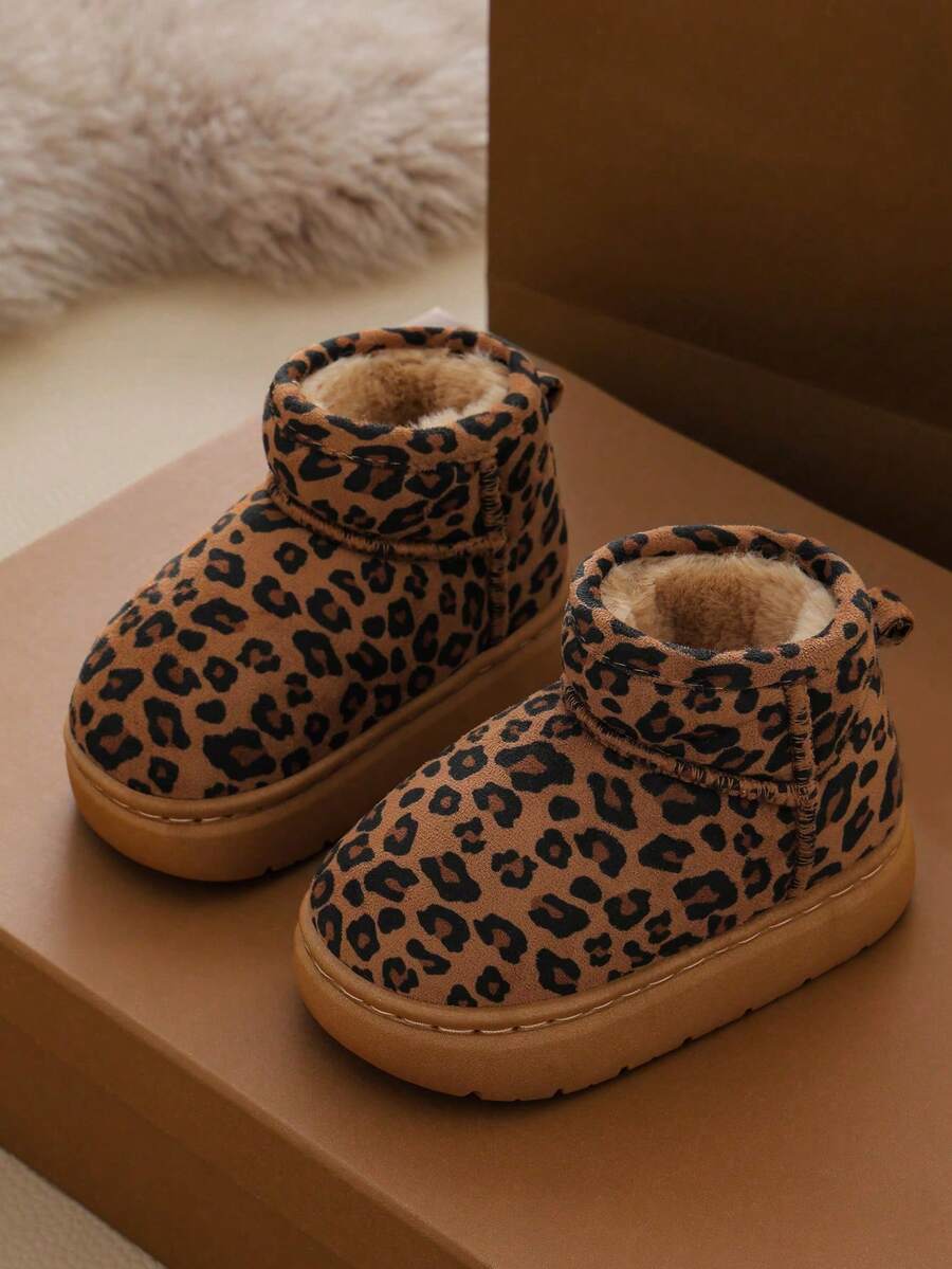 Children's Leopard Print Fleece Boots, Winter Thickened Warm Soft Sole Snow Boots For Girls And Boys - Brown - View 1