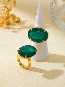 2pcs/Set Elegant Vintage Luxury Inlaid Green Oval Rhinestone Women's Ring Set, Suitable For Gift, Party, Daily Wear - Oval Green - View 2