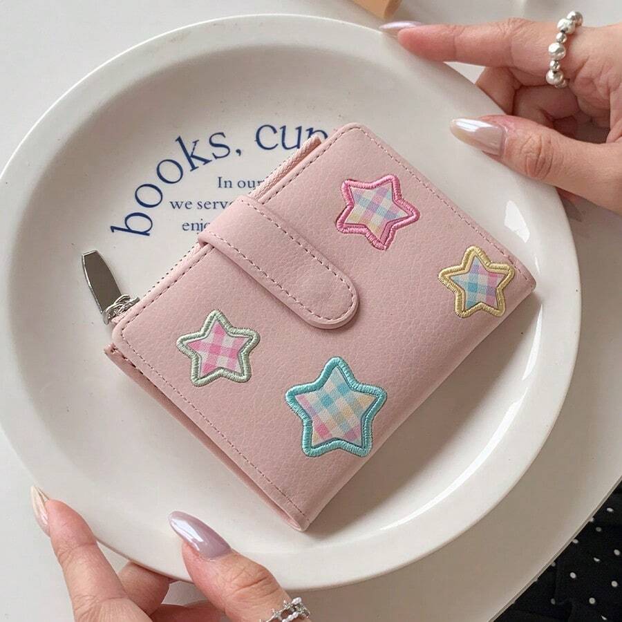 Y2K風格星星三折短夾大容量卡通可愛創意按扣女款零錢包