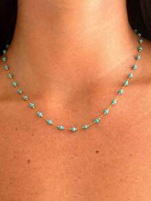 RAYQUEEN 1pc Bohemian Style Necklace, Stainless Steel Waterproof Chain, 18K Gold Plated, Versatile Turquoise Design - Gold - View 6