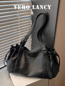 Motorcycle Style Large Capacity Tote Bag, With Double-Sided Drawstrings And Hardware Signage Design, Suitable For Work, Shopping, Daily Travel - Black - View 2