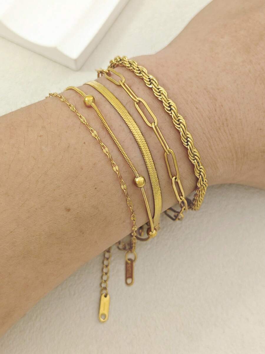 5Pcs Layered Stacking Bracelet Set Gold Tone Assorted Link Design Wrist Jewelry Stainless Steel Low‑Allergy Daily Dating Gift For Women - Gold - View 1