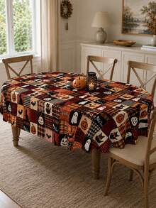 1pc Vintage Patchwork Halloween Polyester Tablecloth, Black Cat, Pumpkin, Ghost, Bat, Skeleton & Plaid Print Rectangular Table Cover For Halloween Party, Dining Room, Kitchen And Home Decor - Multicolor - View 20