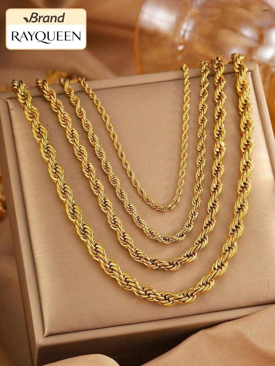 RAYQUEEN 1 dây chuyền xích xoắn màu vàng bằng thép không gỉ phong cách tối giản thời trang đa năng nhiều kích cỡ, unisex, phù hợp đeo hàng ngày - Vàng - Xem 1