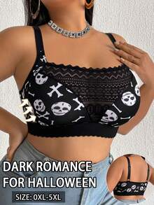 Plus Size Halloween Pattern Women's Bra, Wireless Casual Comfortable Back Design Thin Sports - Black - View 4