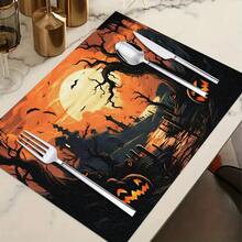 1/4/6pcs Halloween Series Moonlit Forest Castle Pumpkin Pattern Printed Placemats, Heat-Resistant Table Mats For Home Kitchen/Dining Table Protection, Party Scene Decoration - Multicolor - View 12