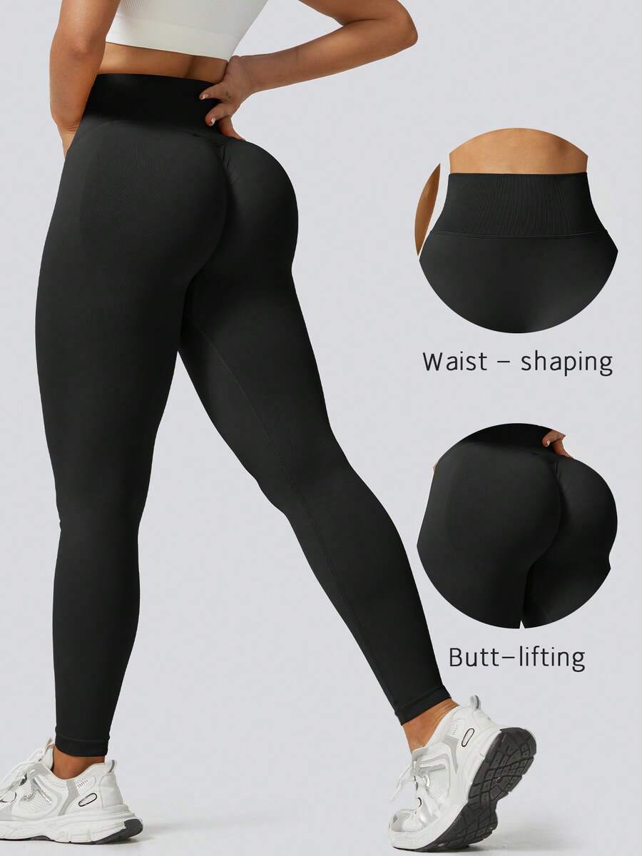 Women's High Waist Seamless Black Leggings, Booty Lift Tummy Control Versatile For Yoga Pilates Gym Workout, Sportswear - Black - View 1