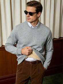Men's Solid Color Basic Pullover Sweatshirt With Thermal Lined, Warm For Autumn/Winter - Grey - View 1