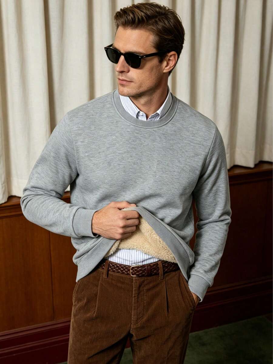 Men's Solid Color Basic Pullover Sweatshirt With Thermal Lined, Warm For Autumn/Winter - Grey - View 1