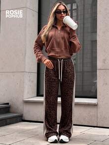 ROSIE POPHUB Women Leopard Print Elastic Waist Drawstring Straight Leg Pants Side Striped Casual Streetwear Christmas Bottoms For Fall Winter - Multicolor - View 4