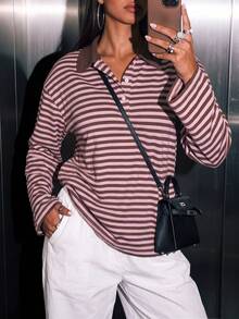 Women's Casual Cotton Striped Contrast Lapel Button Long Sleeve Loose T-Shirt For Fall/Winter Daily,Fall Winter Clothes,Winter Fall Outfit,Going Out - Pink and Brown - View 2