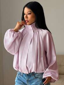 Women's Satin Stand Collar Zip-Up Jacket, Lantern Long Sleeve Loose Pleated Lightweight Casual Coat, Spring/Autumn Fashion Street Style - Pink - View 5