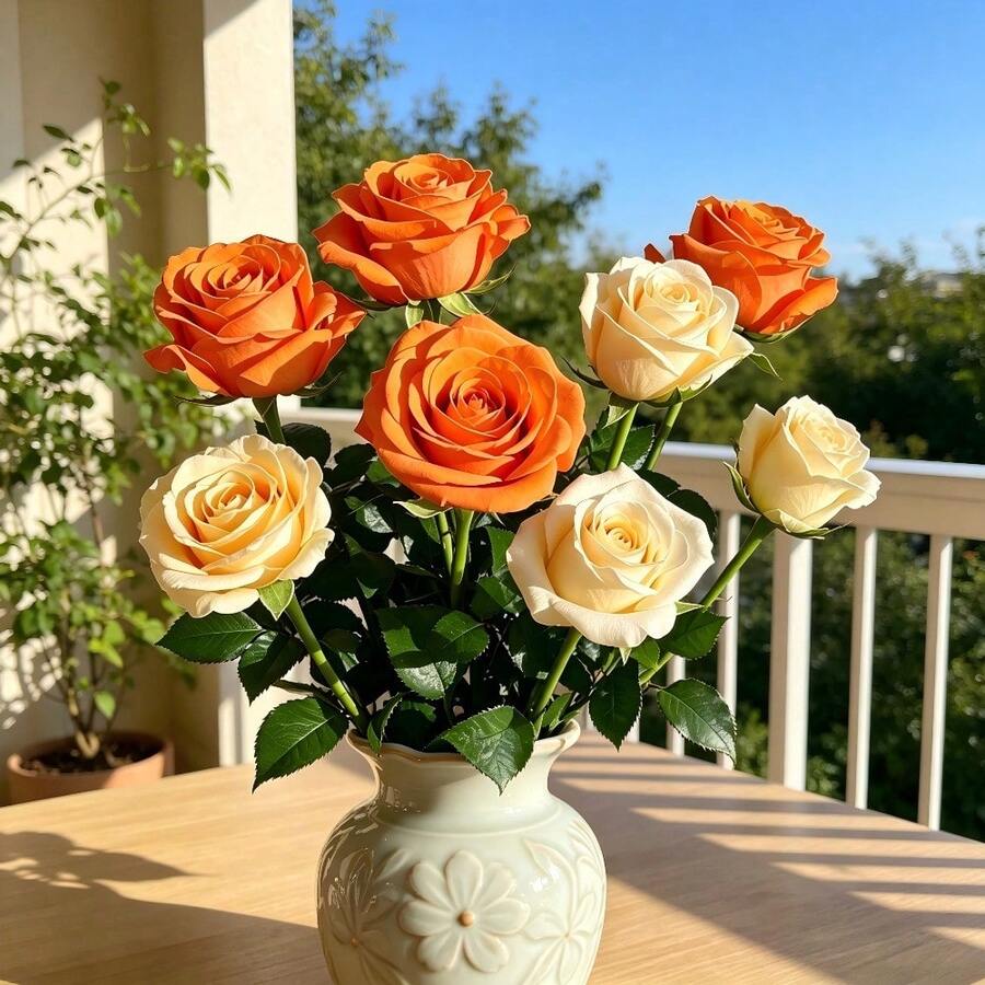 14pcs Multicolor Autumn Artificial Roses, Champagne & Orange Long Stem Roses, Realistic Artificial Rose Bouquet, Thanksgiving Christmas DIY Wedding Home Party Office Decoration - Multicolor - View 1